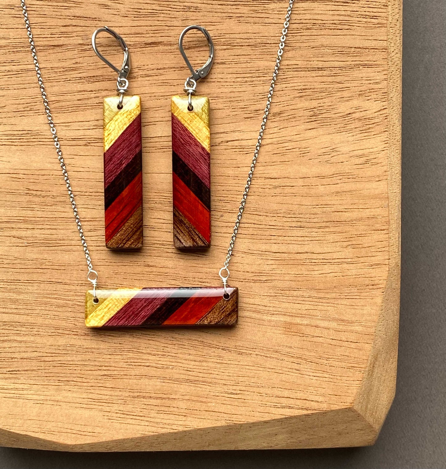 Rectangle Reclaimed Wood Necklace and Earring Set