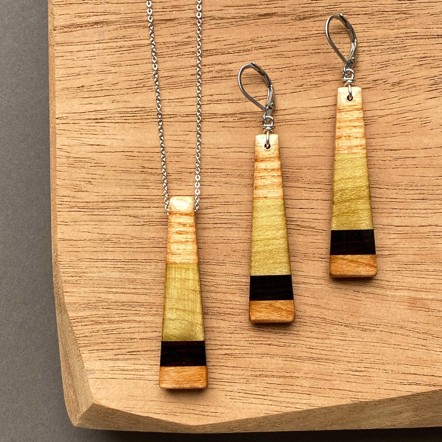 Skinny Rectangle Reclaimed Wood Necklace and Earring Set