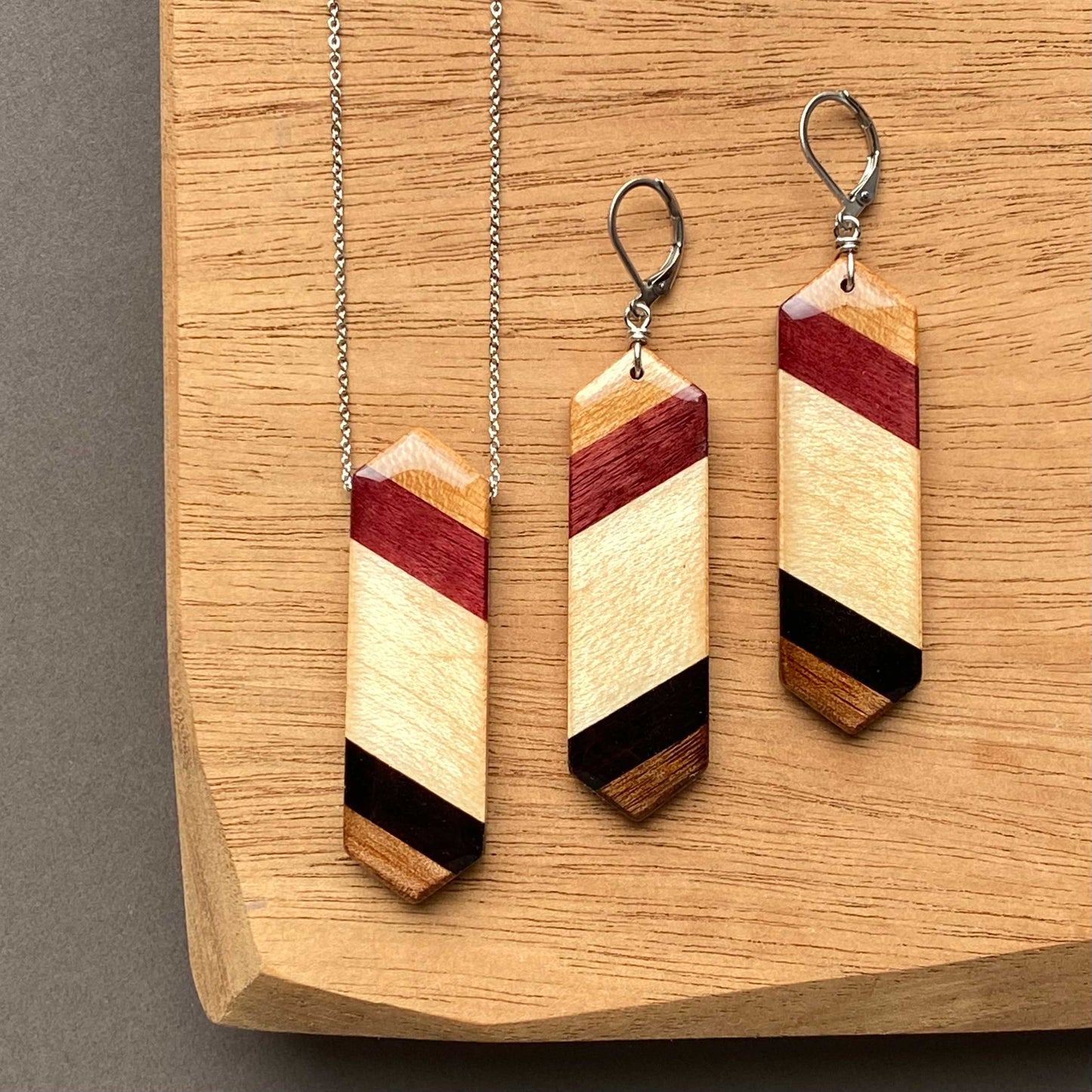 Elongated Hexagon Reclaimed Wood Necklace and Earring Set