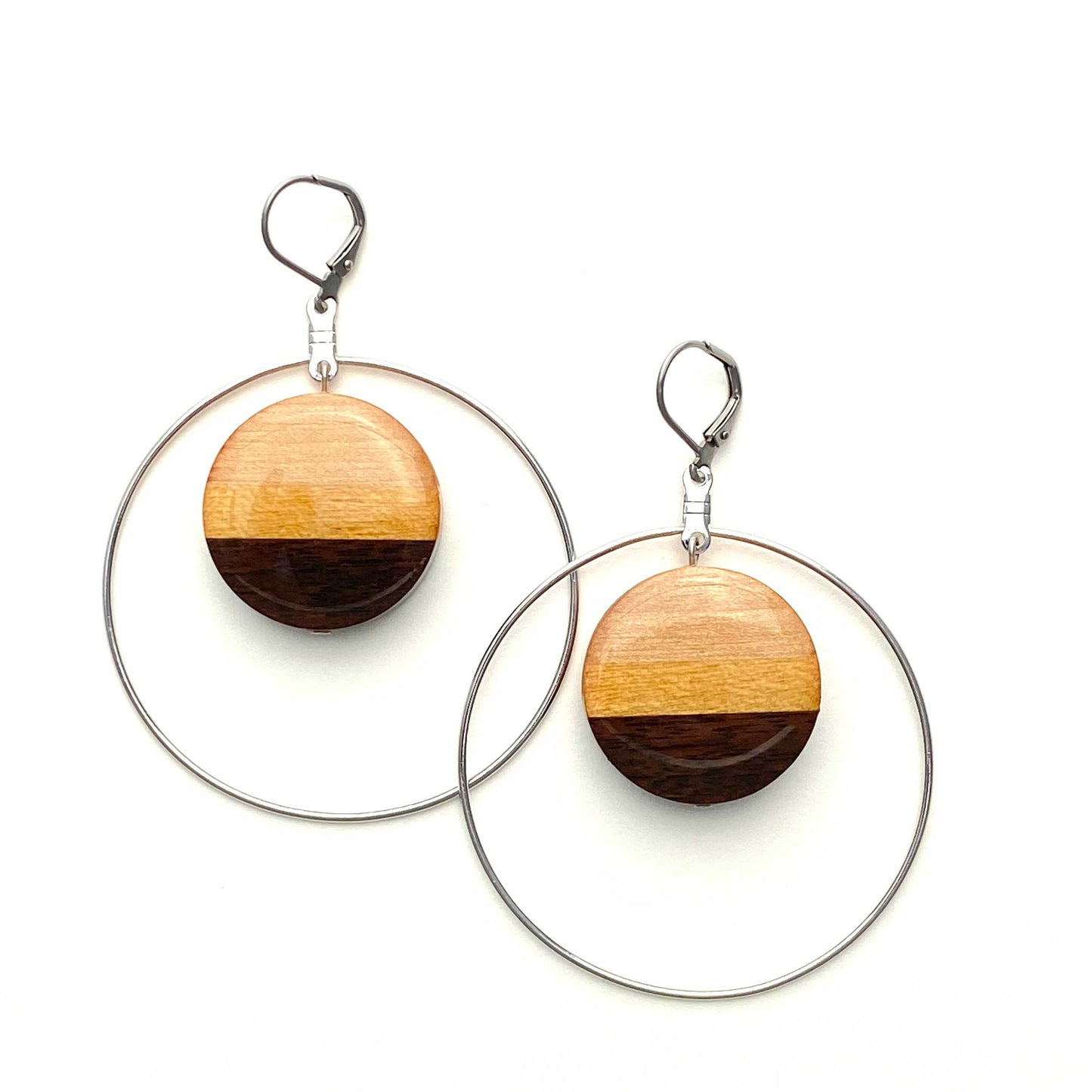 Large Circle with Silver Hoop Reclaimed Wood Earrings