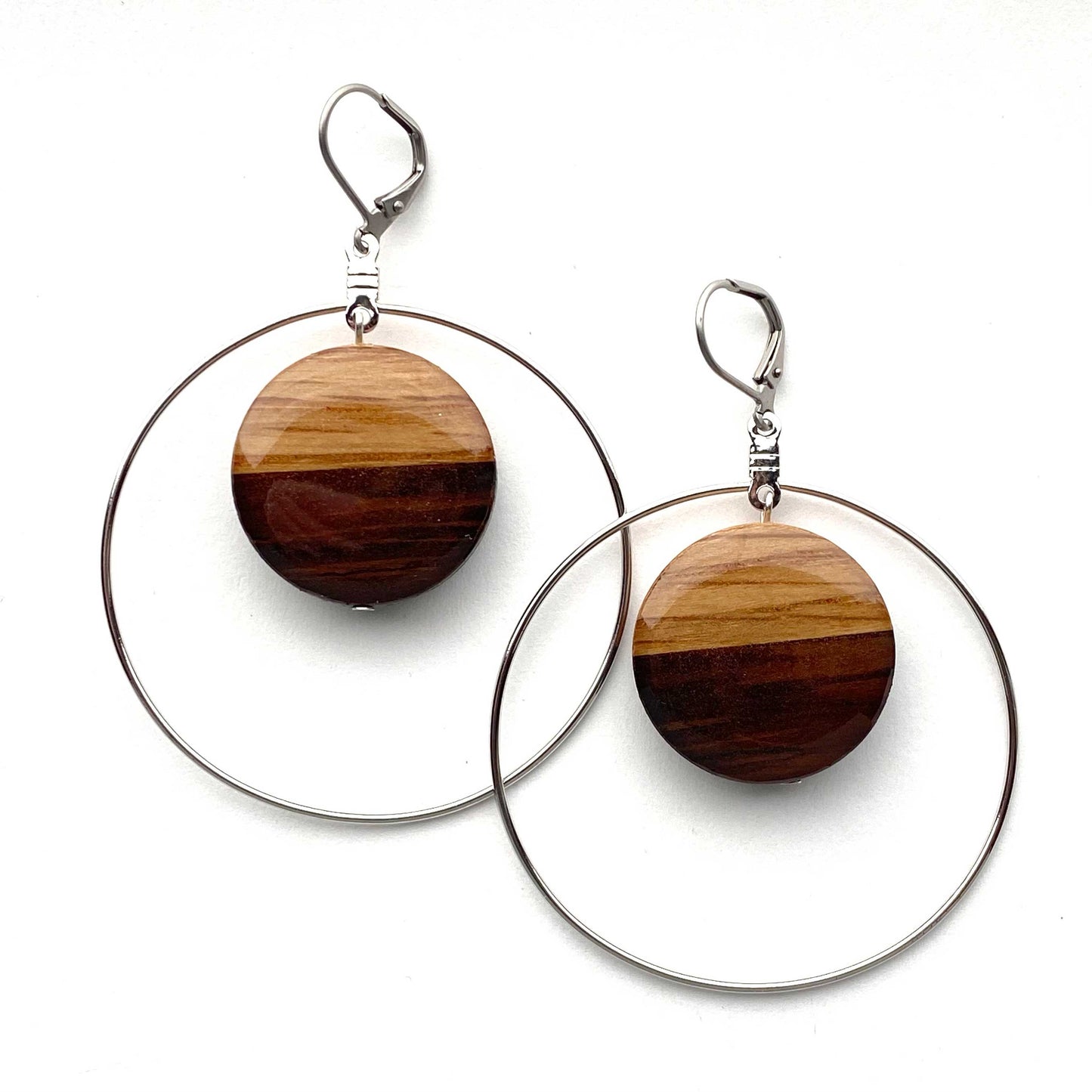 Large Circle with Silver Hoop Reclaimed Wood Earrings