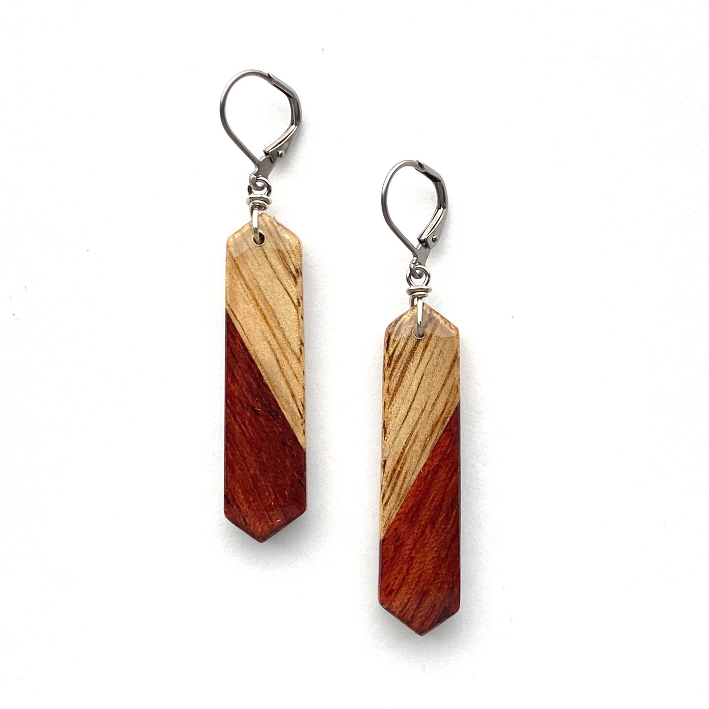 Skinny Elongated Hexagon Reclaimed Wood Earrings