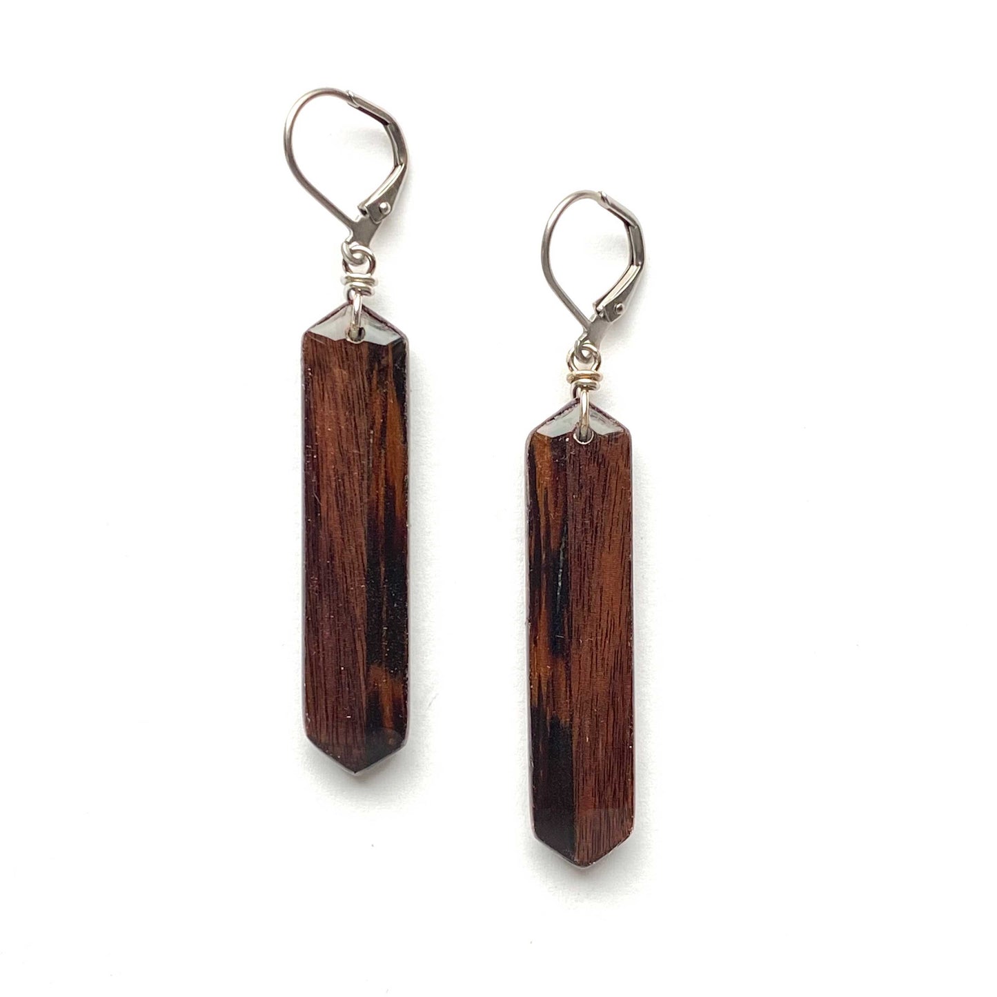 Skinny Elongated Hexagon Reclaimed Wood Earrings