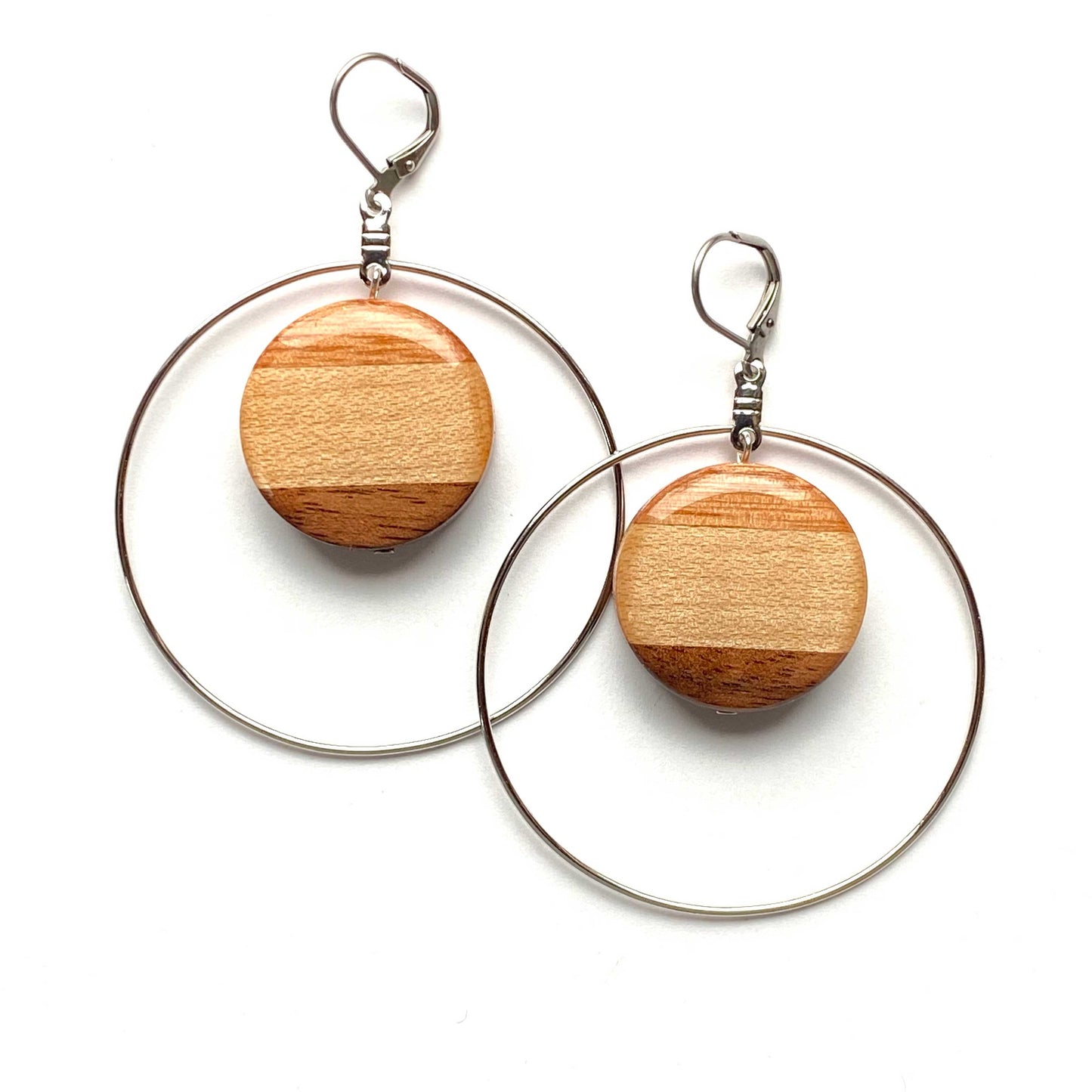 Large Circle with Silver Hoop Reclaimed Wood Earrings