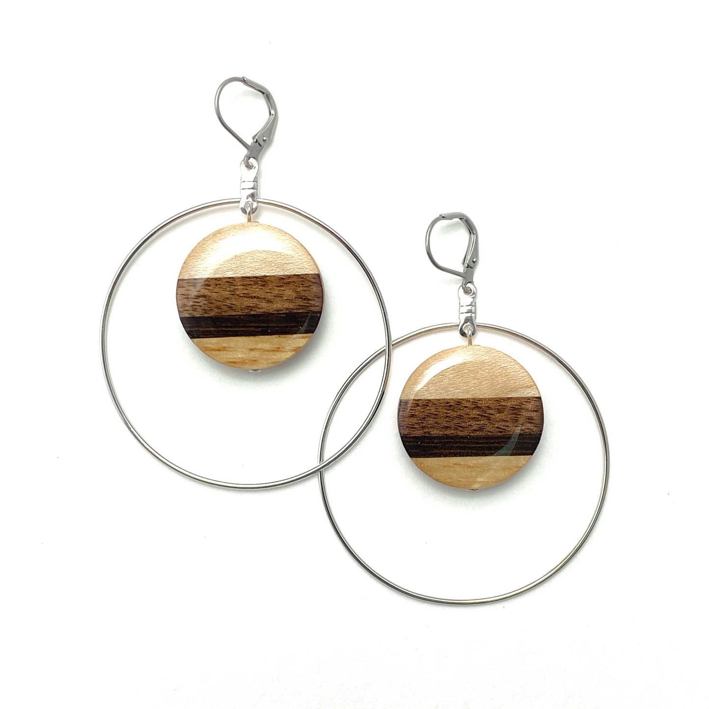 Large Circle with Silver Hoop Reclaimed Wood Earrings