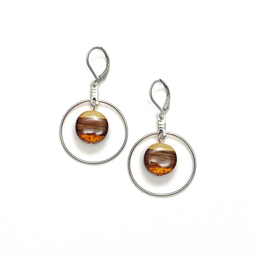 Small Circle with Silver Hoop Reclaimed Wood Earrings