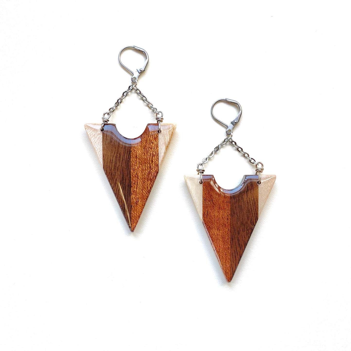 Large Triangle with Chain Reclaimed Wood Earrings