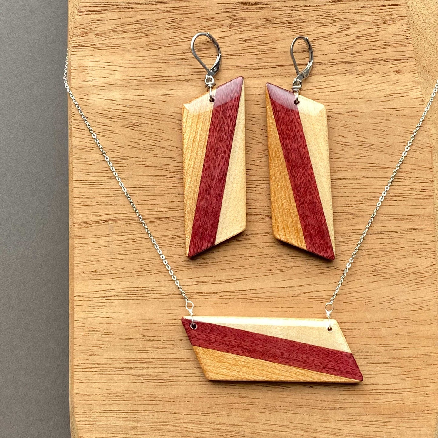 Large Angle Reclaimed Wood Necklace and Earring Set