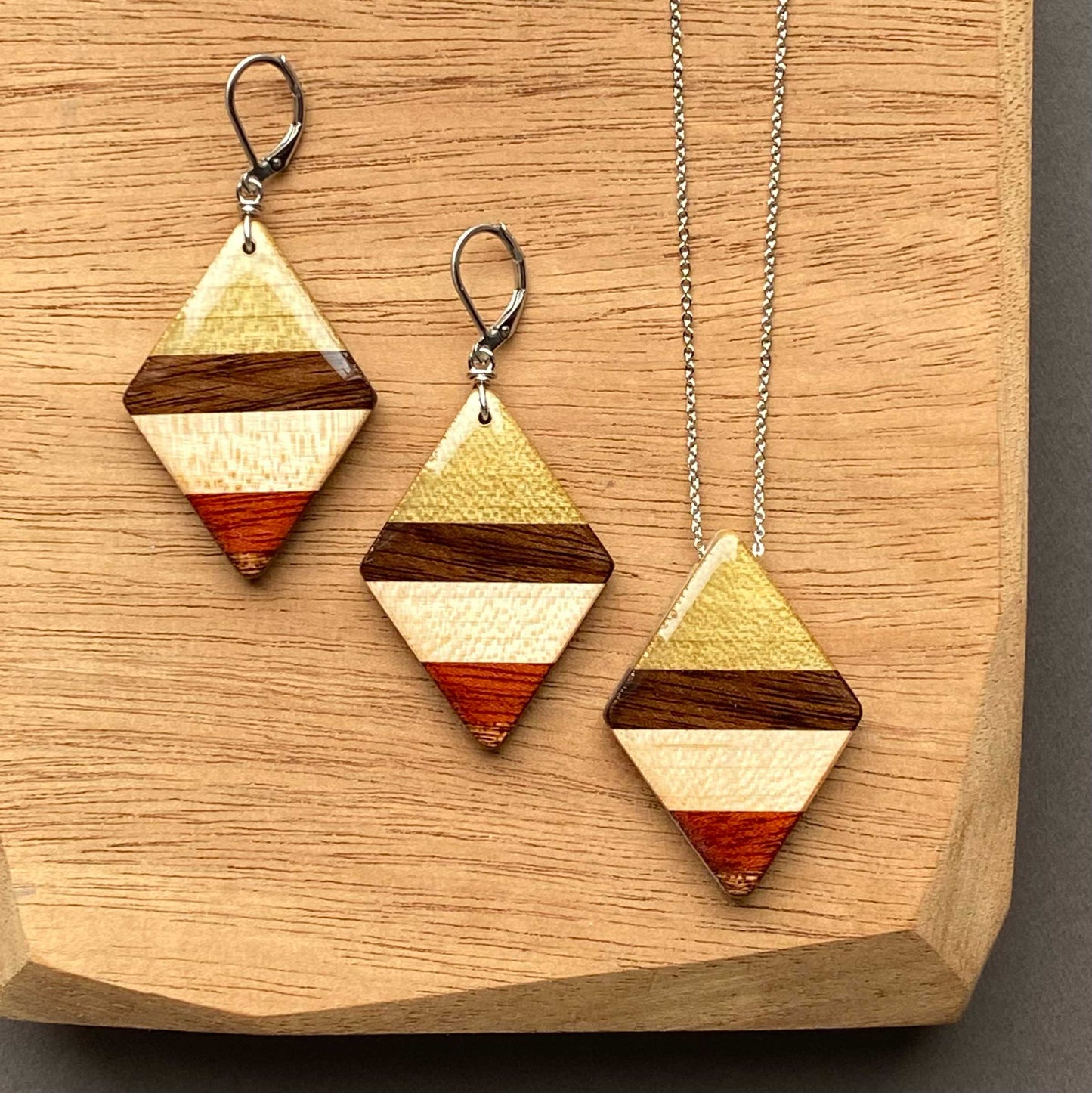 Medium Diamond Reclaimed Wood Necklace and Earring Set