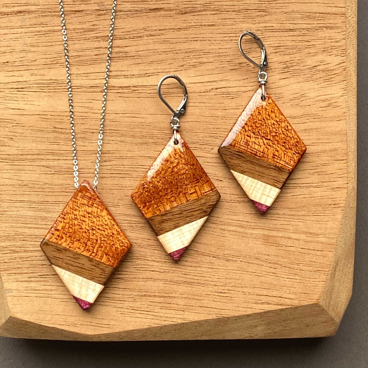 Medium Diamond Reclaimed Wood Necklace and Earring Set