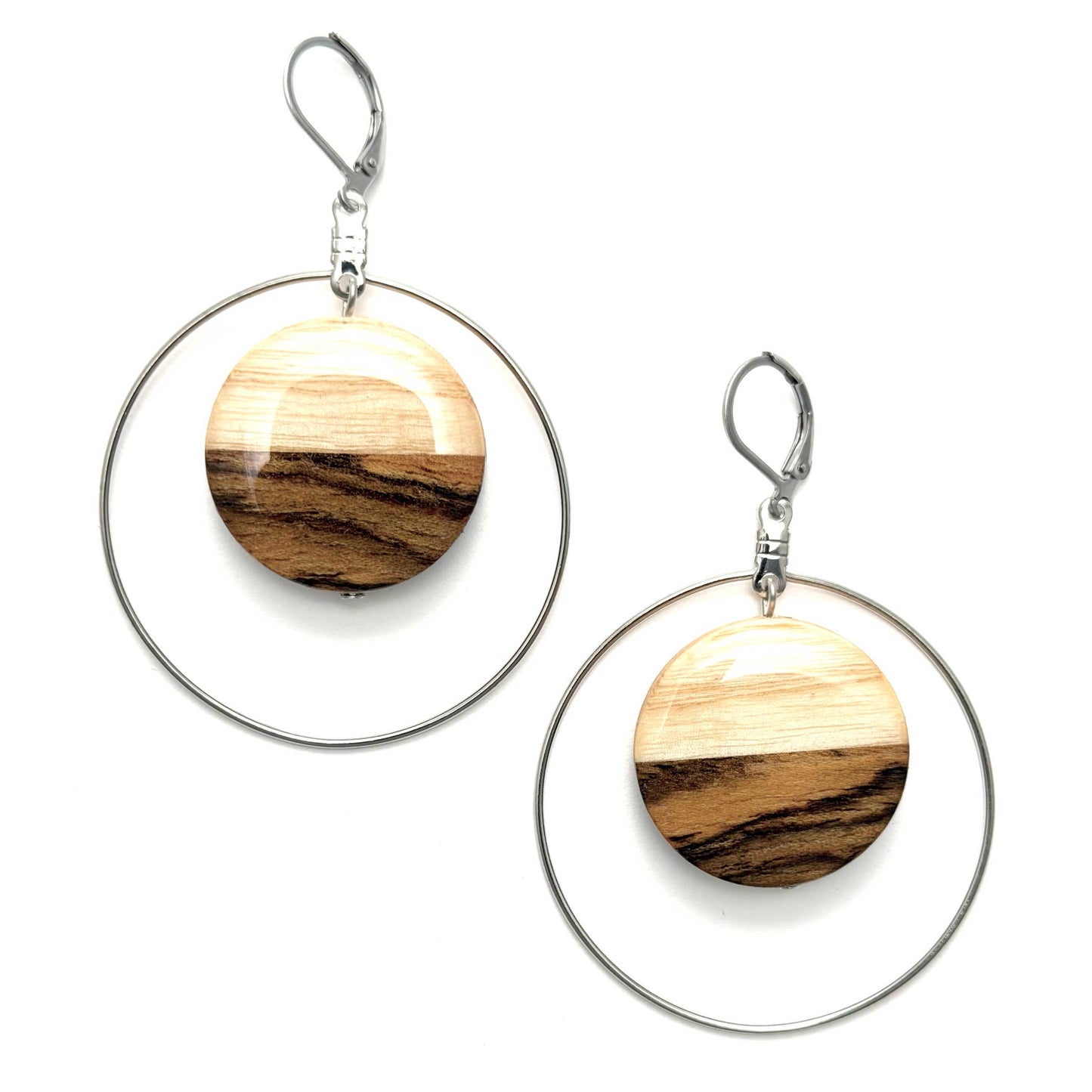Large Circle with Silver Hoop Reclaimed Wood Earrings