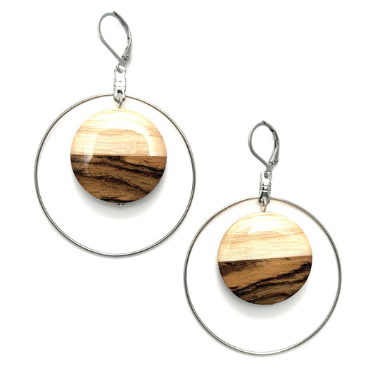 Large Circle with Silver Hoop Reclaimed Wood Earrings