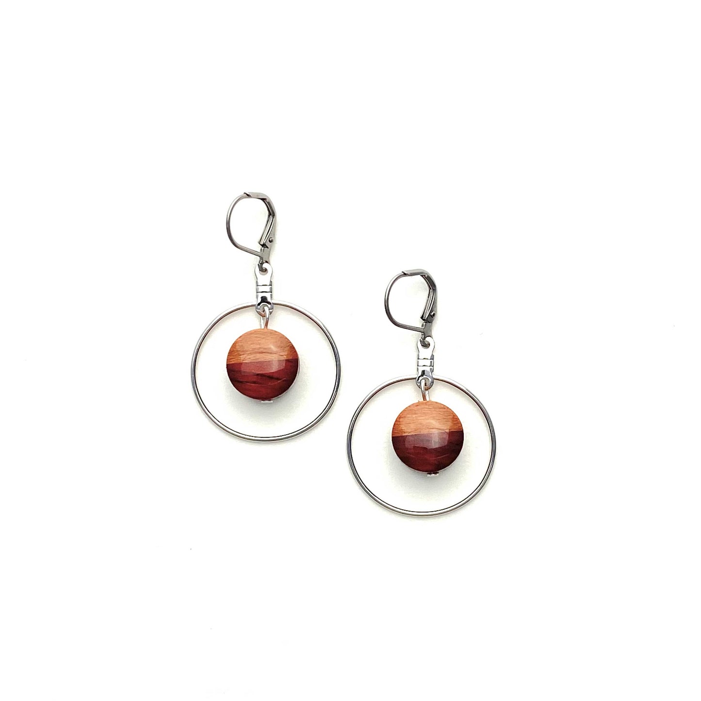 Small Circle with Silver Hoop Reclaimed Wood Earrings