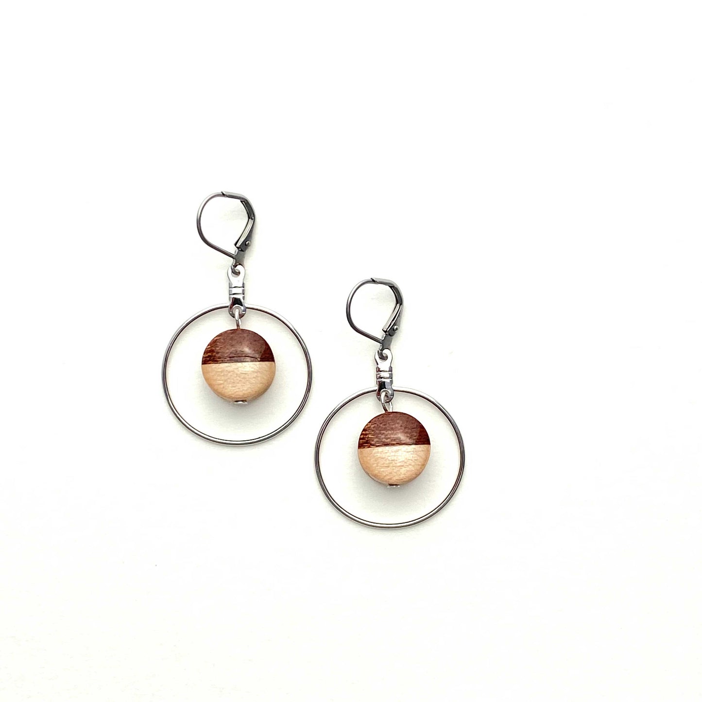 Small Circle with Silver Hoop Reclaimed Wood Earrings