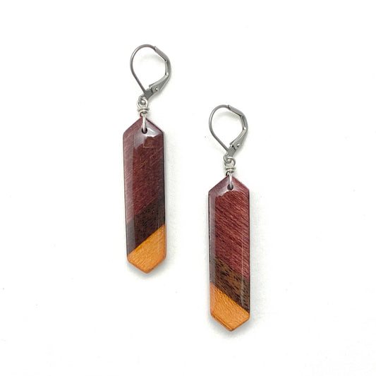 Skinny Elongated Hexagon Reclaimed Wood Earrings