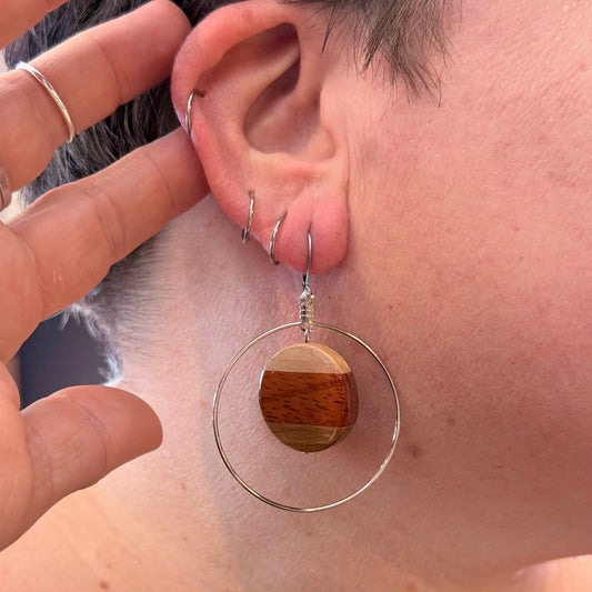 Large Circle with Silver Hoop Reclaimed Wood Earrings