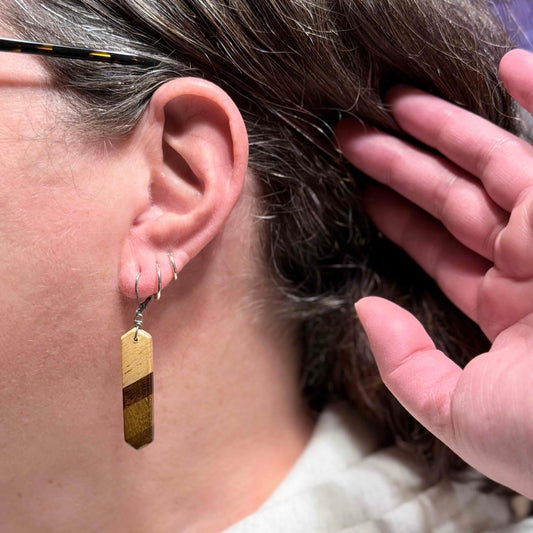 Skinny Elongated Hexagon Reclaimed Wood Earrings